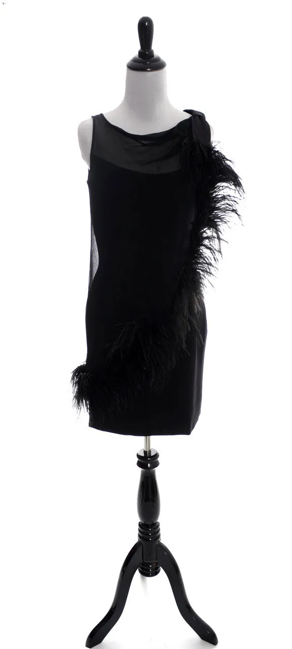 1970s Lilli Diamond Vintage Black Dress with Feathers