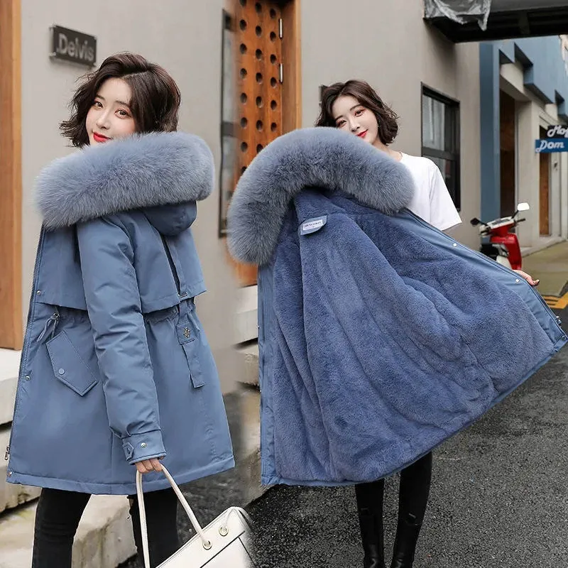 2022 New Winter Jacket Women Parka Fashion Long Coat Wool Liner Hooded Parkas Slim With Fur Collar Warm Snow Wear Padded Clothes