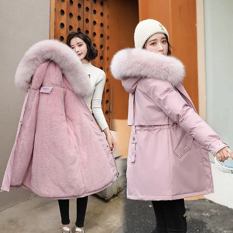 2022 New Winter Jacket Women Parka Fashion Long Coat Wool Liner Hooded Parkas Slim With Fur Collar Warm Snow Wear Padded Clothes