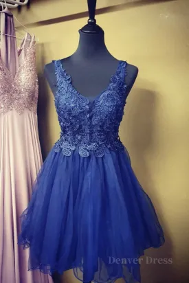 A Line V Neck Blue Lace Short Prom Dress Blue Lace Homecoming Dress Short Blue Formal Evening Dress