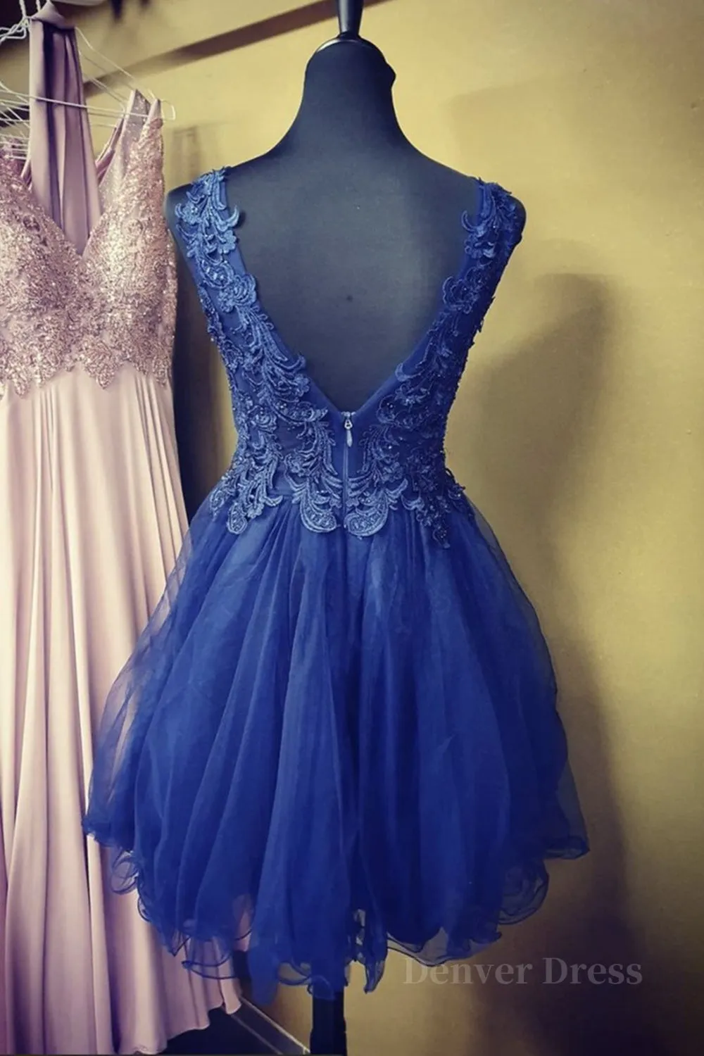 A Line V Neck Blue Lace Short Prom Dress Blue Lace Homecoming Dress Short Blue Formal Evening Dress