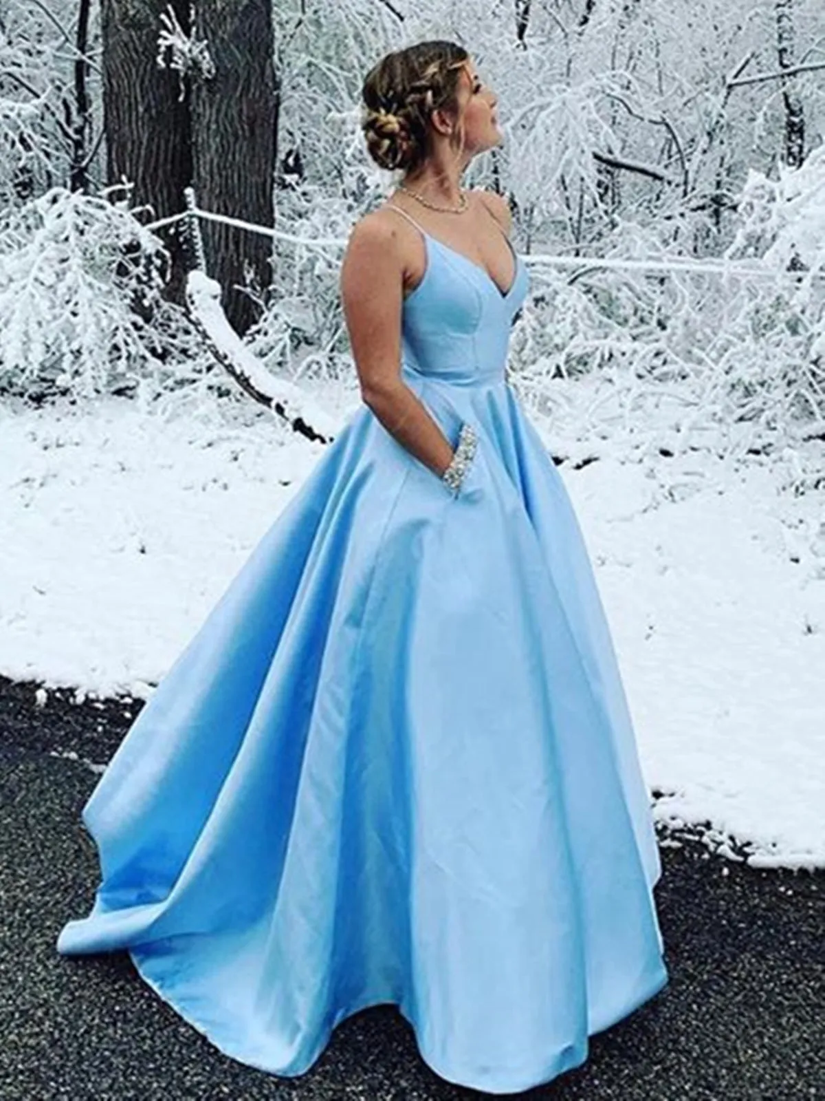 A Line V Neck Light Blue Satin Long Prom with Pocket, V Neck Light Blue Formal Evening