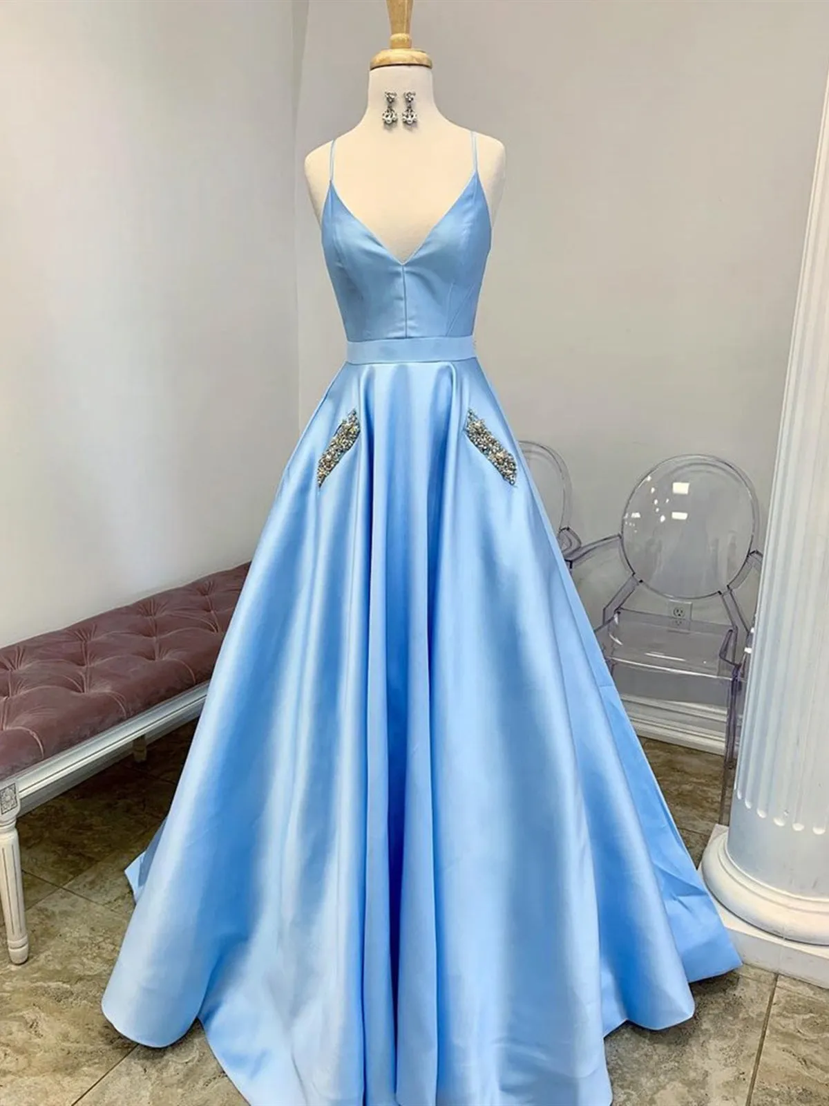 A Line V Neck Light Blue Satin Long Prom with Pocket, V Neck Light Blue Formal Evening