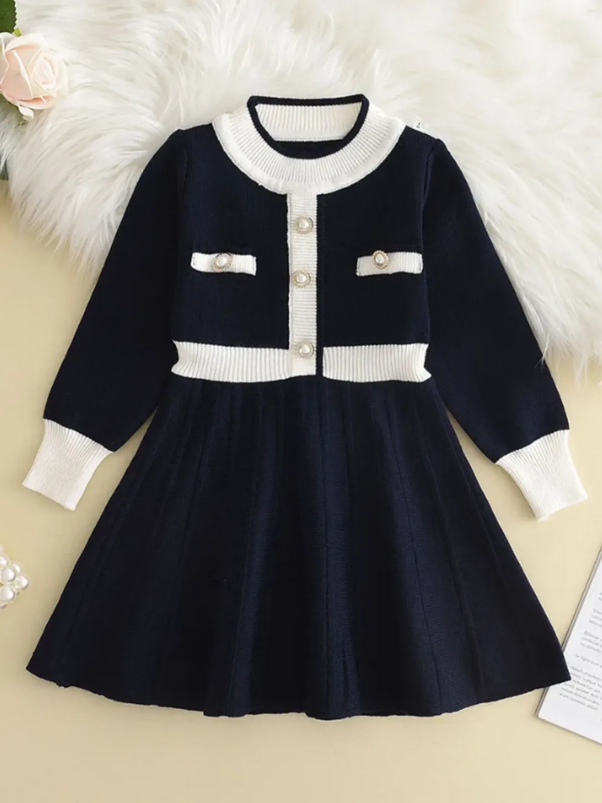 Adorable Knit Dress for Girls with Stylish Pocket Accents