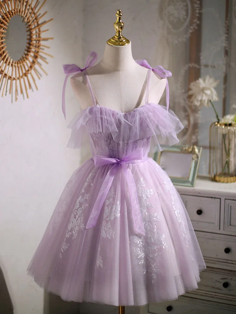 Aline Lace Short Purple Prom Dress,  Puffy Purple Homecoming Dress