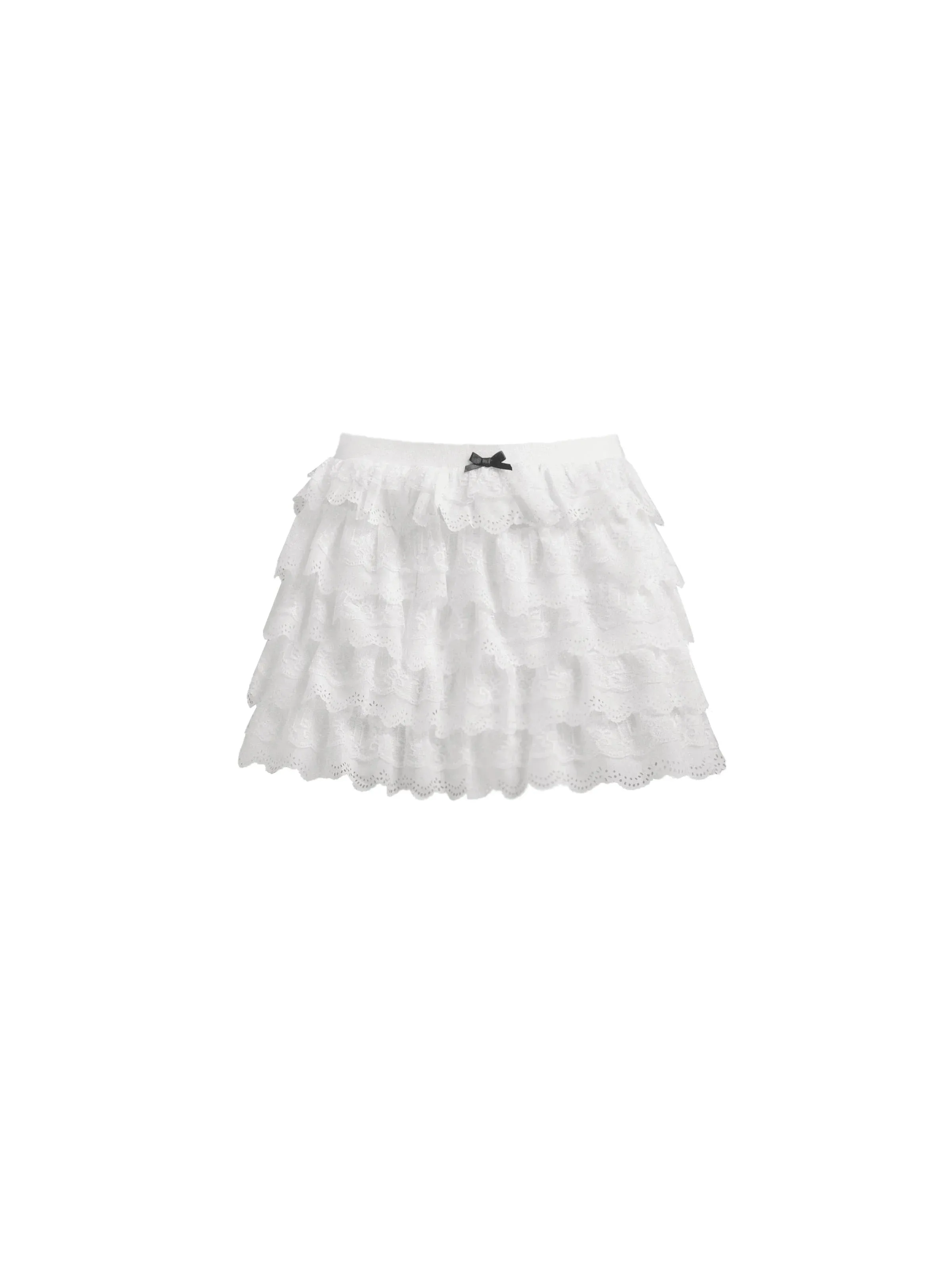 Angelic Tiers Mini Skirt: White Lace Ruffle Layers with Bow Accent