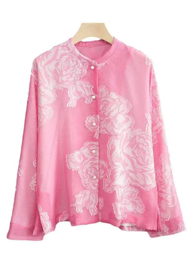 Beautiful Pink O Neck Button Print Silk Shirt Long Sleeve QA1086