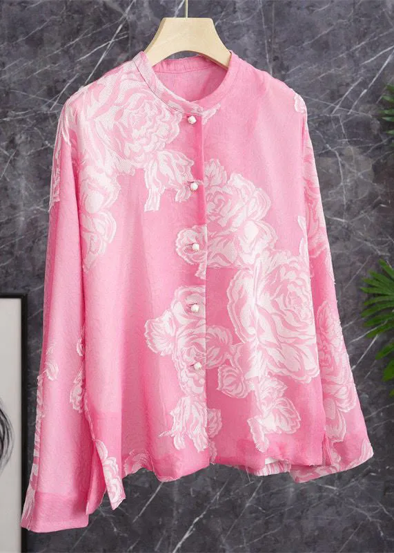 Beautiful Pink O Neck Button Print Silk Shirt Long Sleeve QA1086