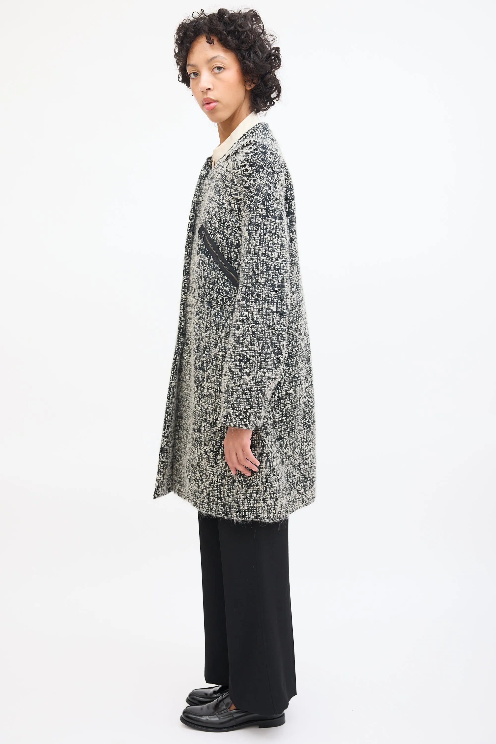 Black & White Wool Boucle Mid Length Coat