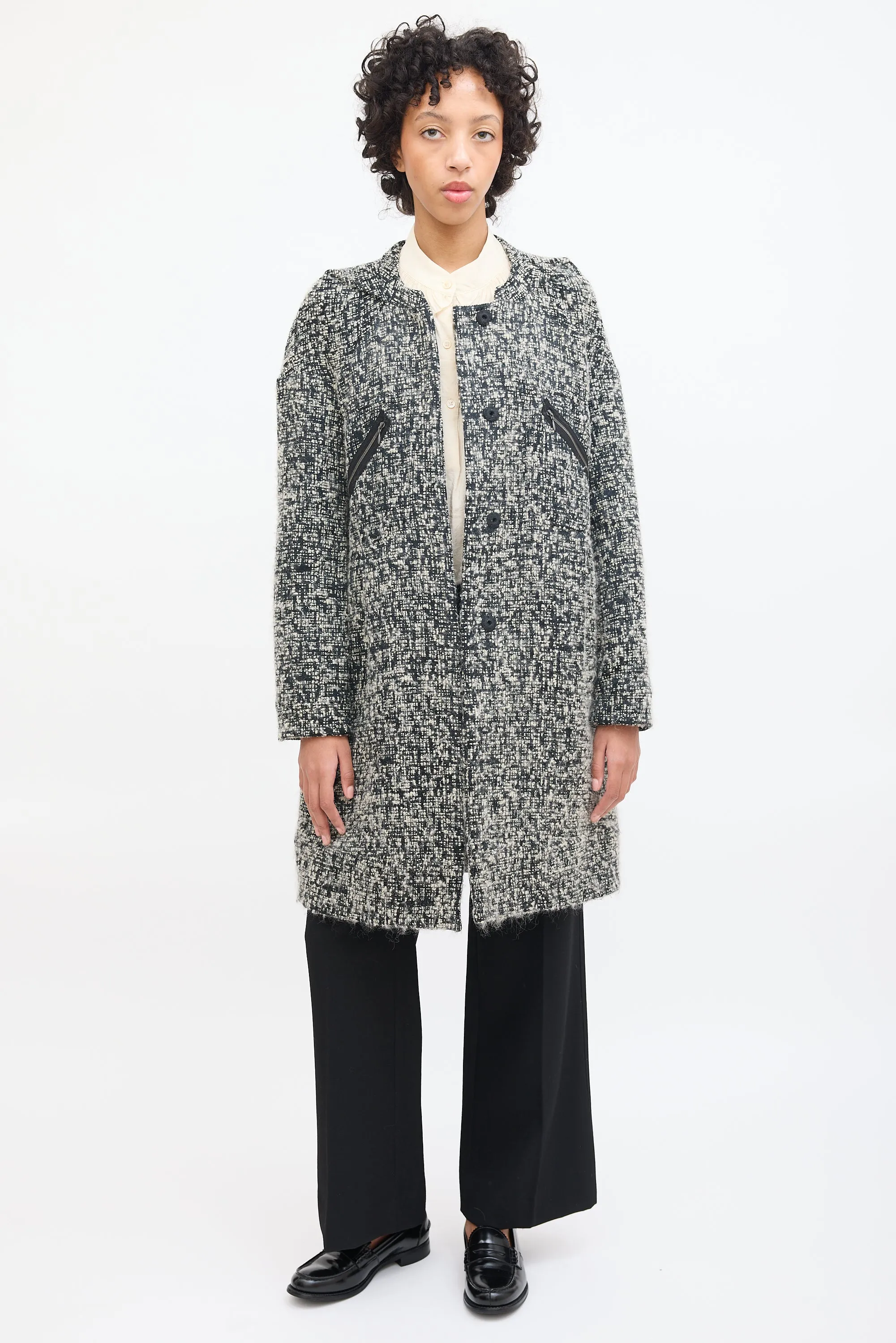 Black & White Wool Boucle Mid Length Coat