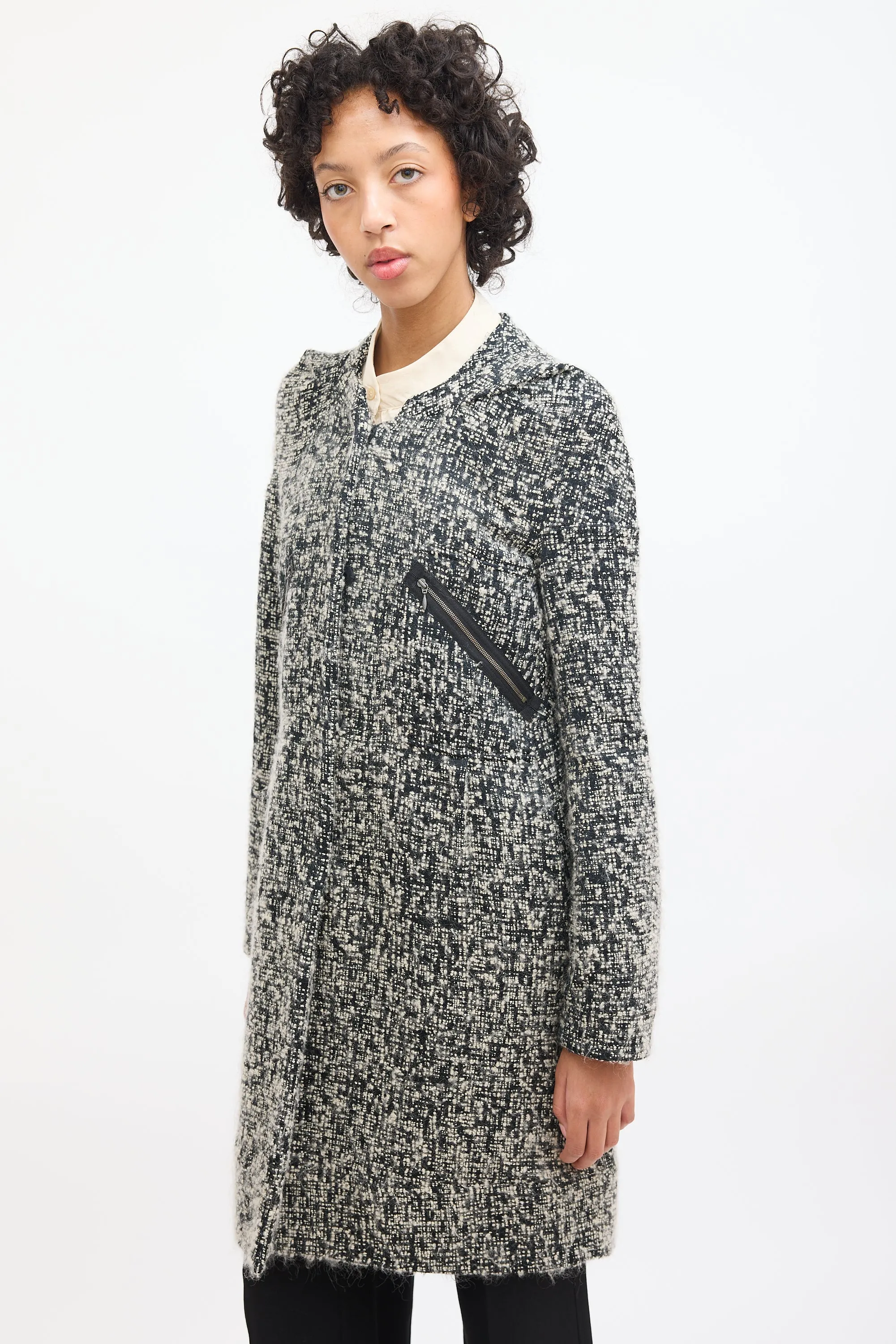 Black & White Wool Boucle Mid Length Coat