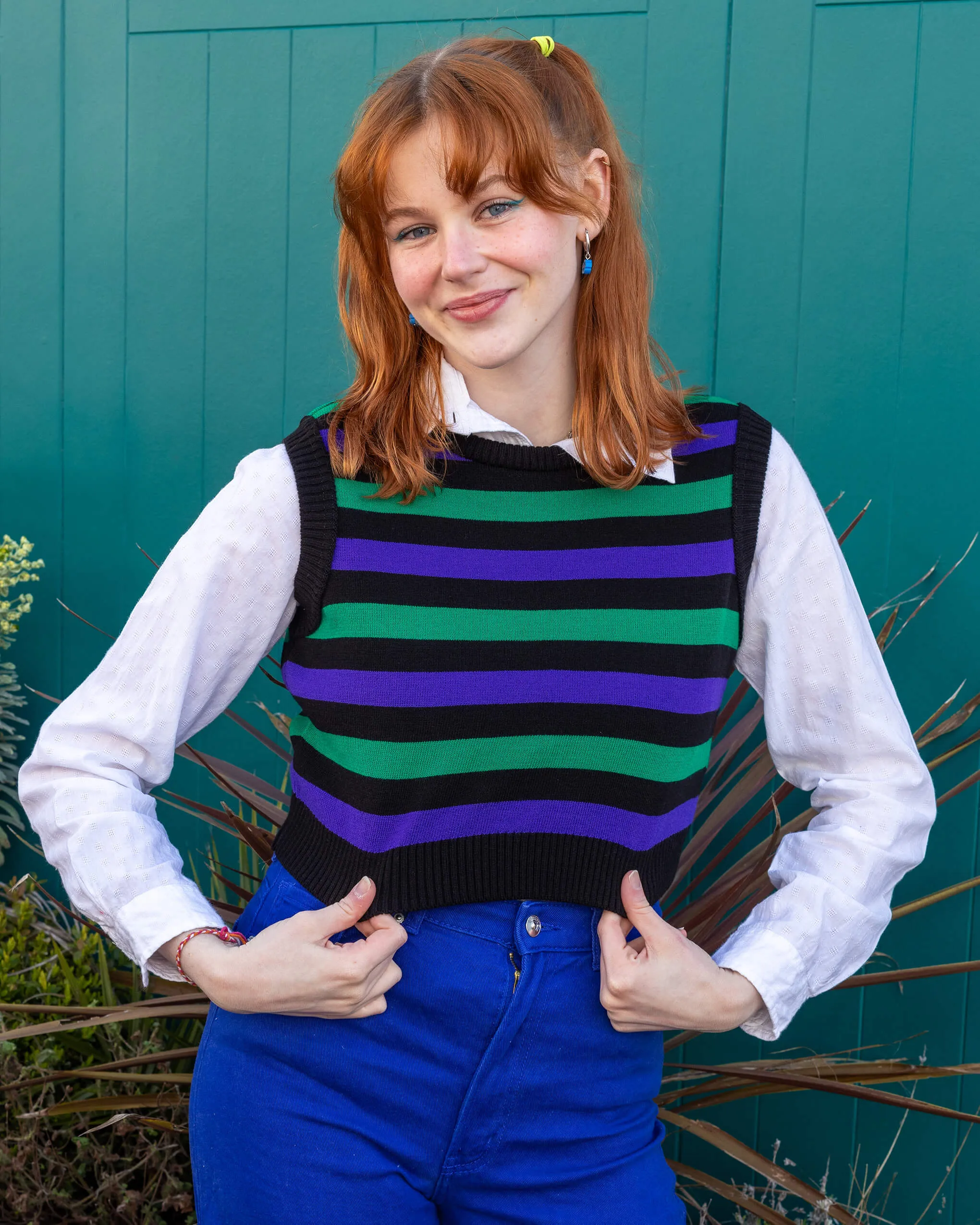 Black Purple & Green Stripe Cropped Knitted Tank Top