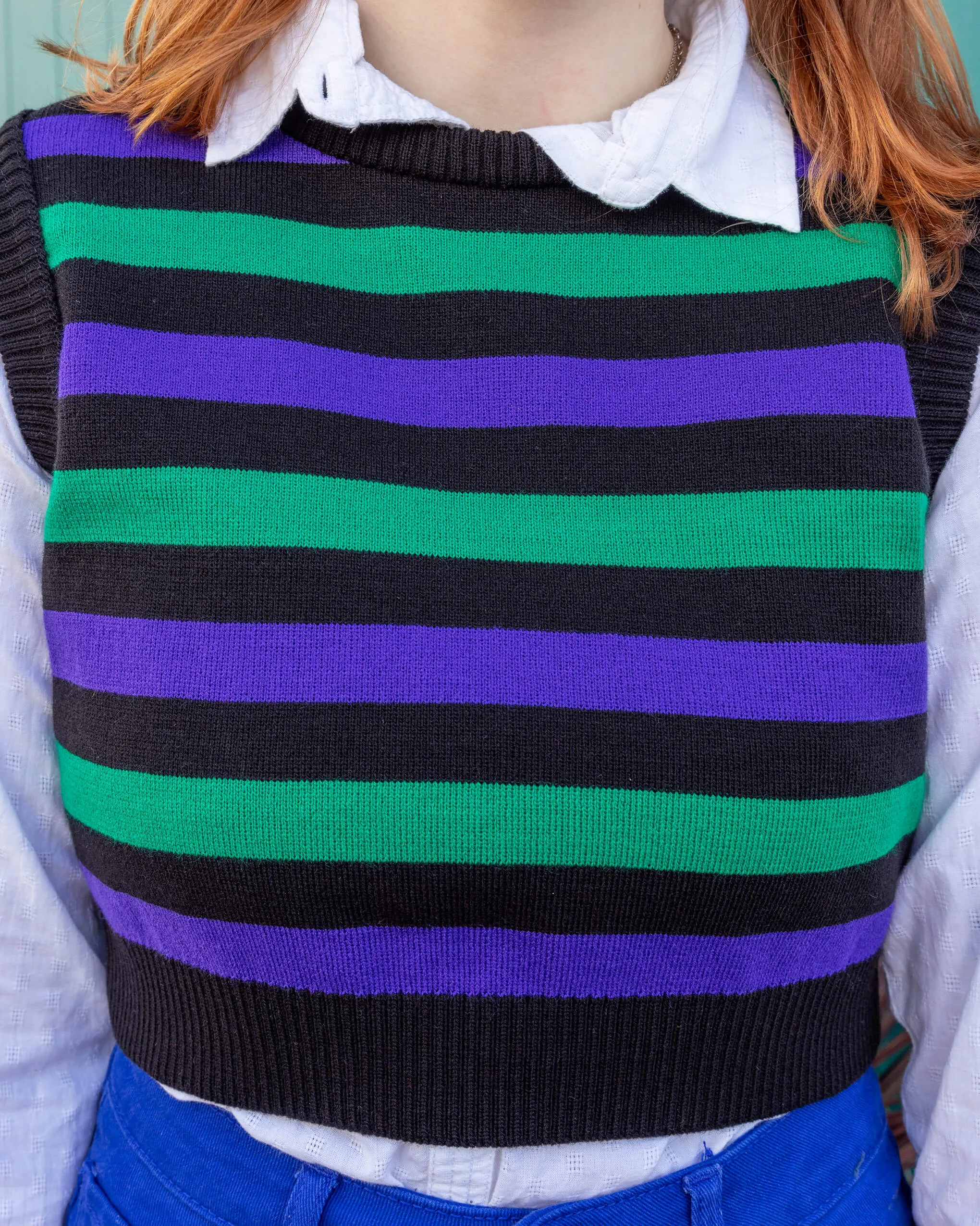 Black Purple & Green Stripe Cropped Knitted Tank Top