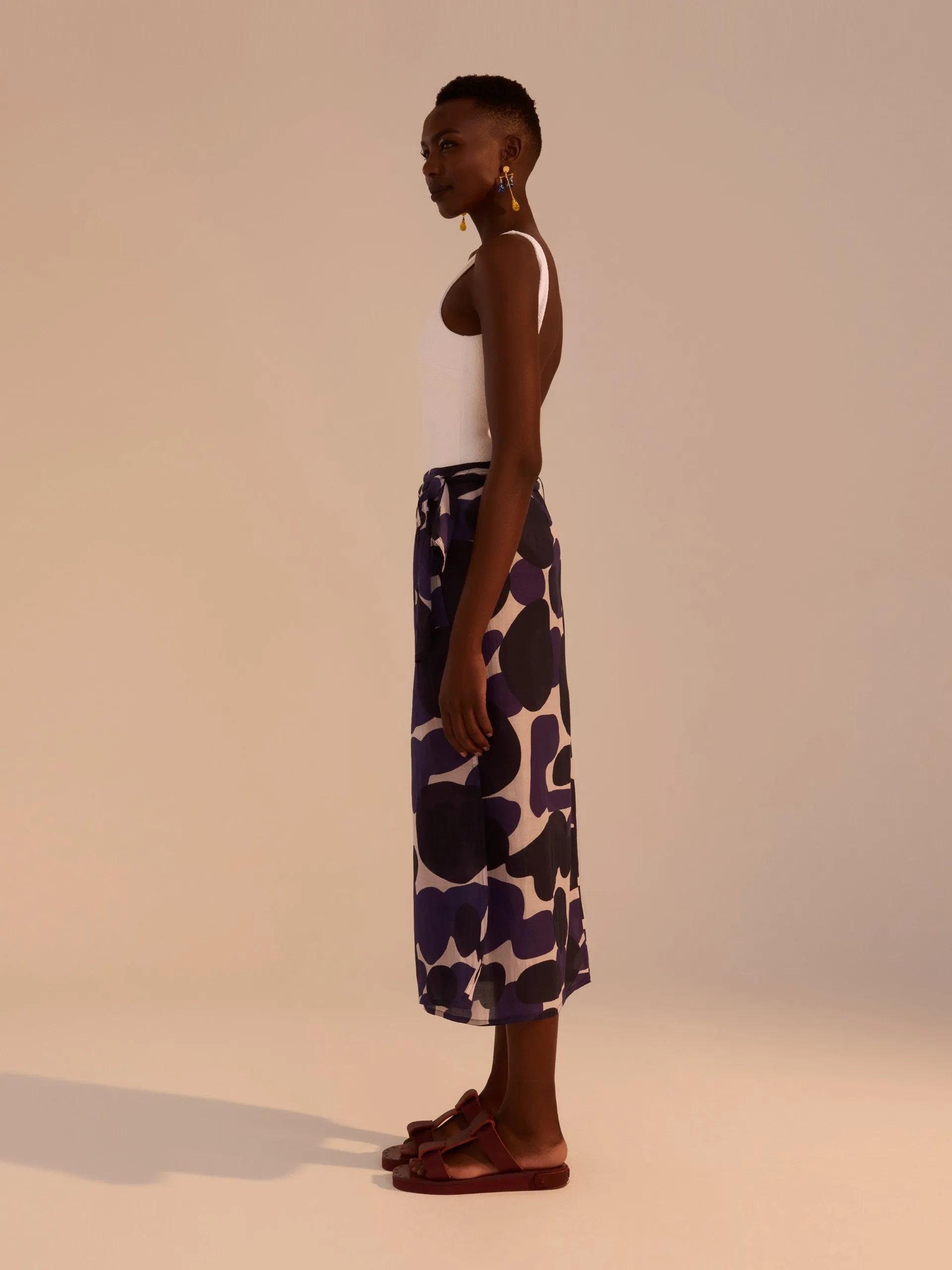 Blue printed cotton-silk pareo skirt