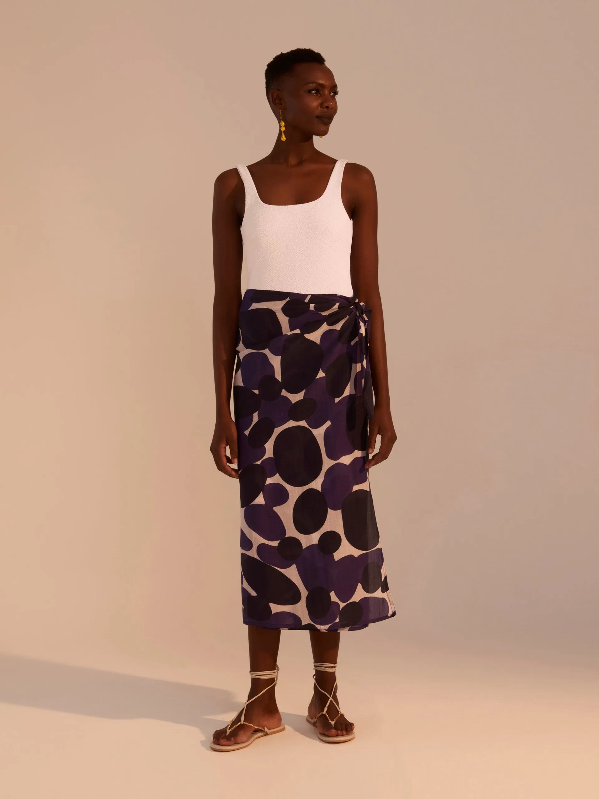 Blue printed cotton-silk pareo skirt