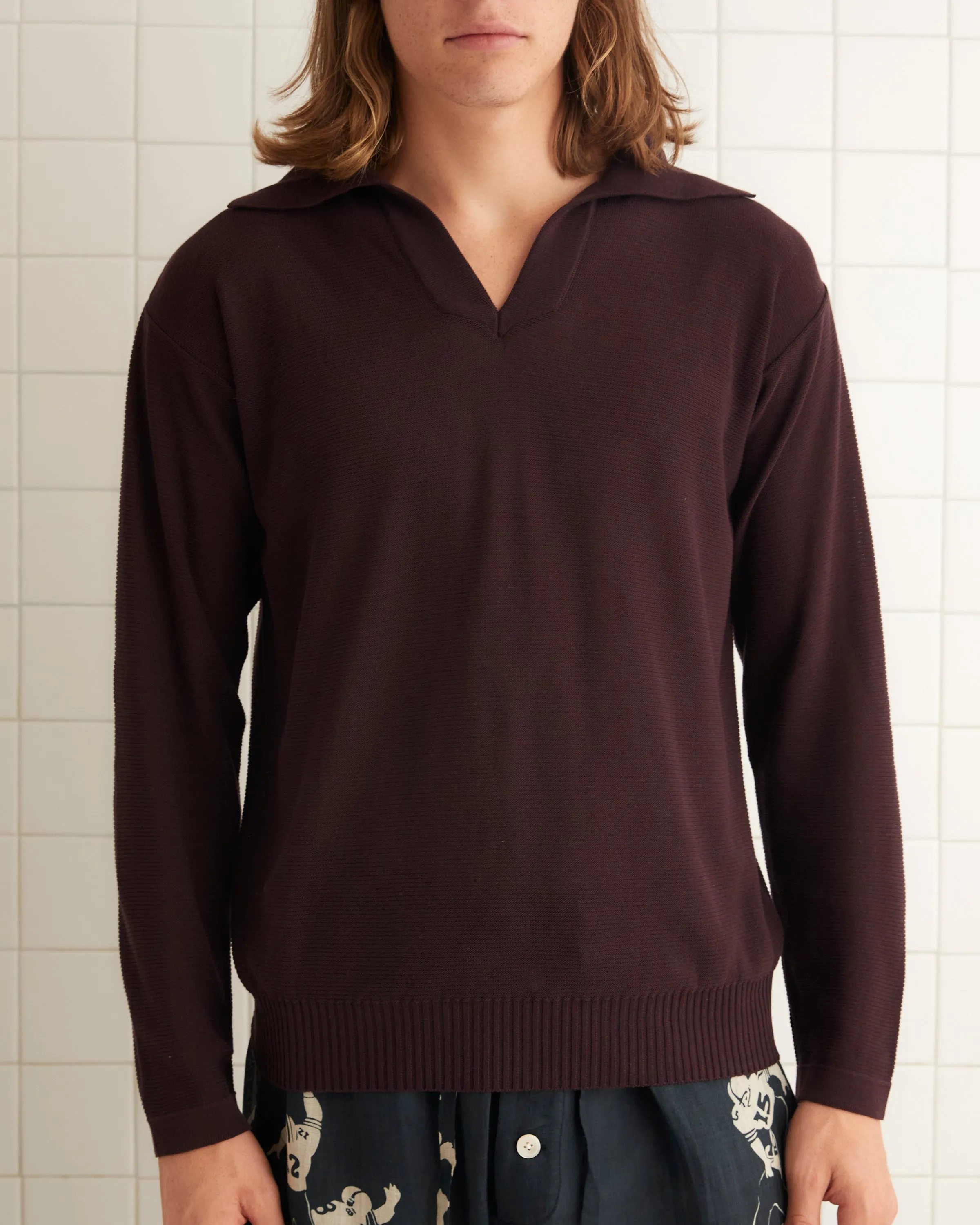 Boxy Long Sleeve Polo - Brown/Black