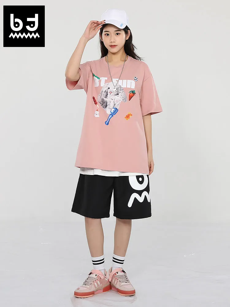 Bunny doll Gourmet alphabet print loose sleeved cotton T-shirt