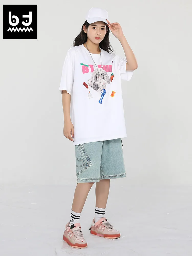 Bunny doll Gourmet alphabet print loose sleeved cotton T-shirt