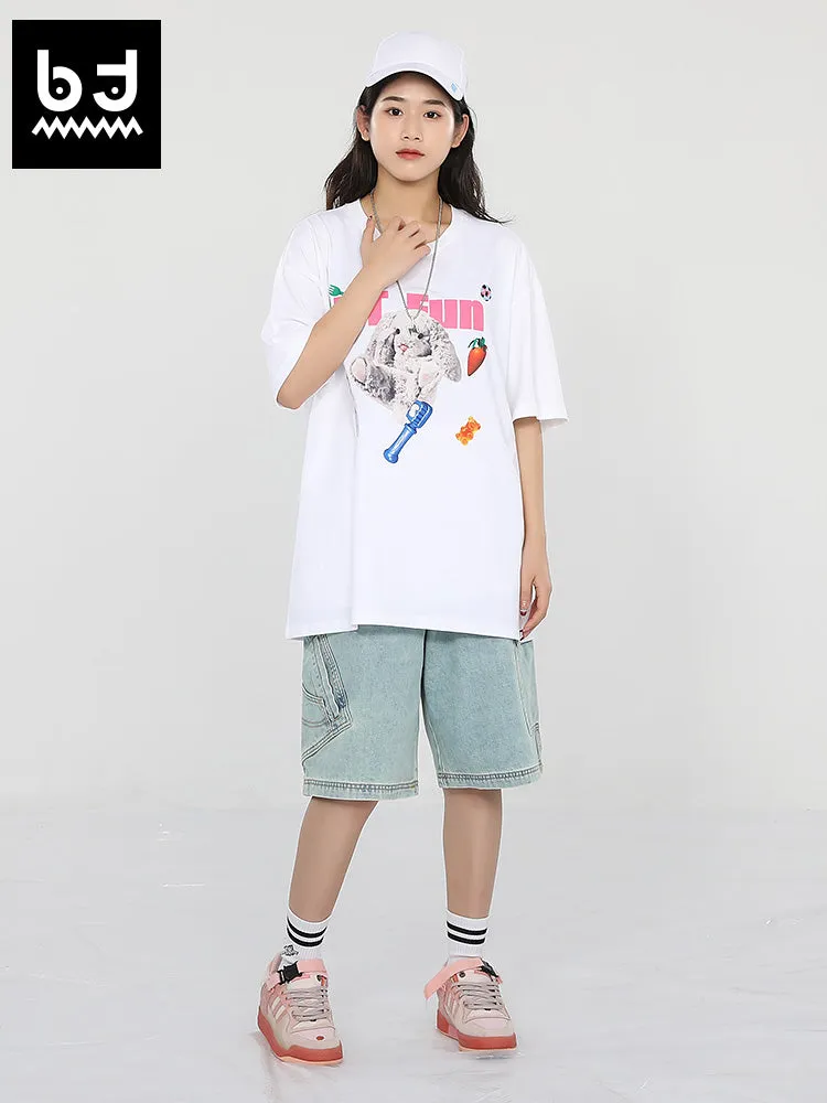 Bunny doll Gourmet alphabet print loose sleeved cotton T-shirt