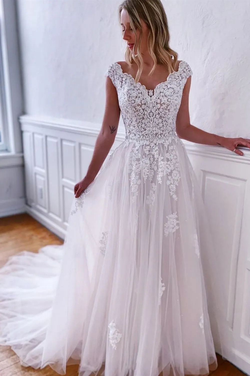 Cap Sleeves V Neck White Lace Long Prom Dress, White Lace Wedding Dress, White Formal Evening Dress