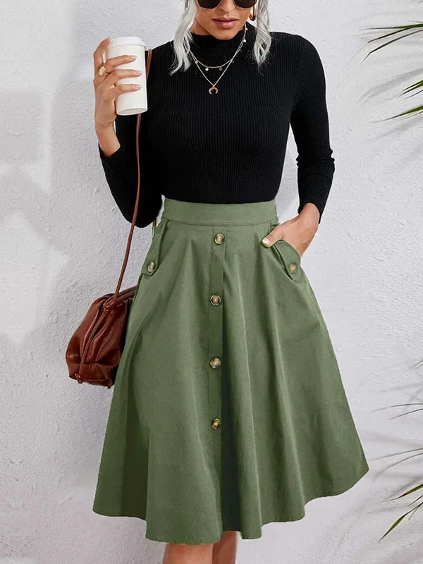 Casual A-Line Buttoned Pleated Solid Color Skirts