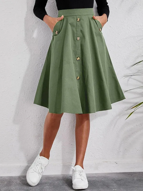 Casual A-Line Buttoned Pleated Solid Color Skirts