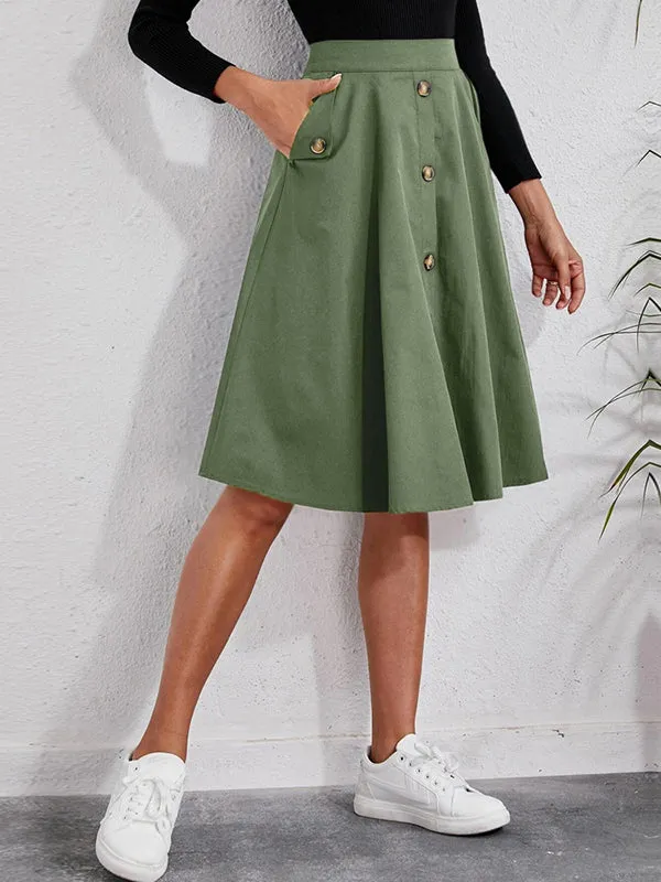 Casual A-Line Buttoned Pleated Solid Color Skirts