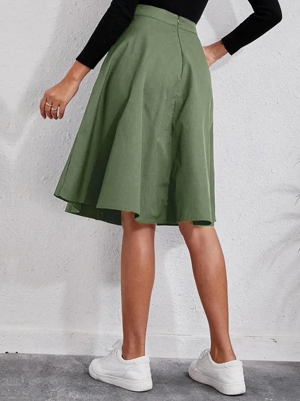 Casual A-Line Buttoned Pleated Solid Color Skirts