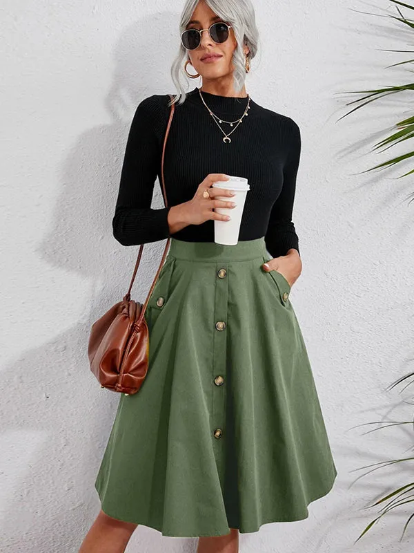 Casual A-Line Buttoned Pleated Solid Color Skirts