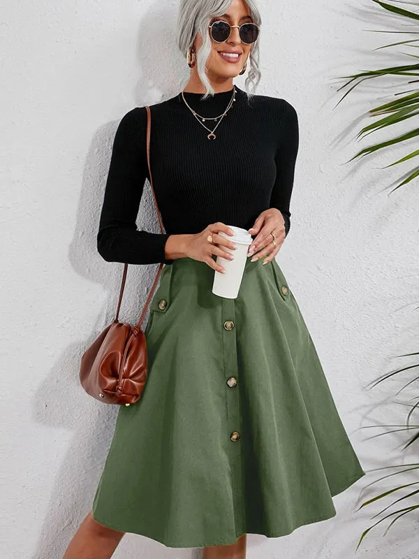 Casual A-Line Buttoned Pleated Solid Color Skirts