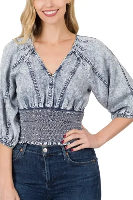 Chambray Bohemian Smocked & Cropped Blue Top