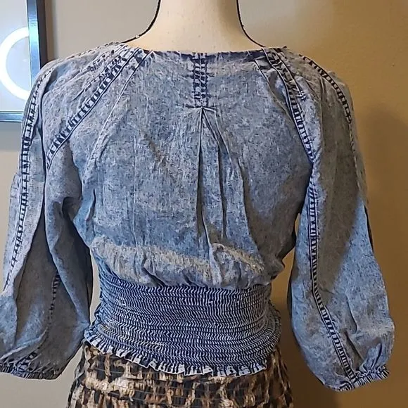 Chambray Bohemian Smocked & Cropped Blue Top