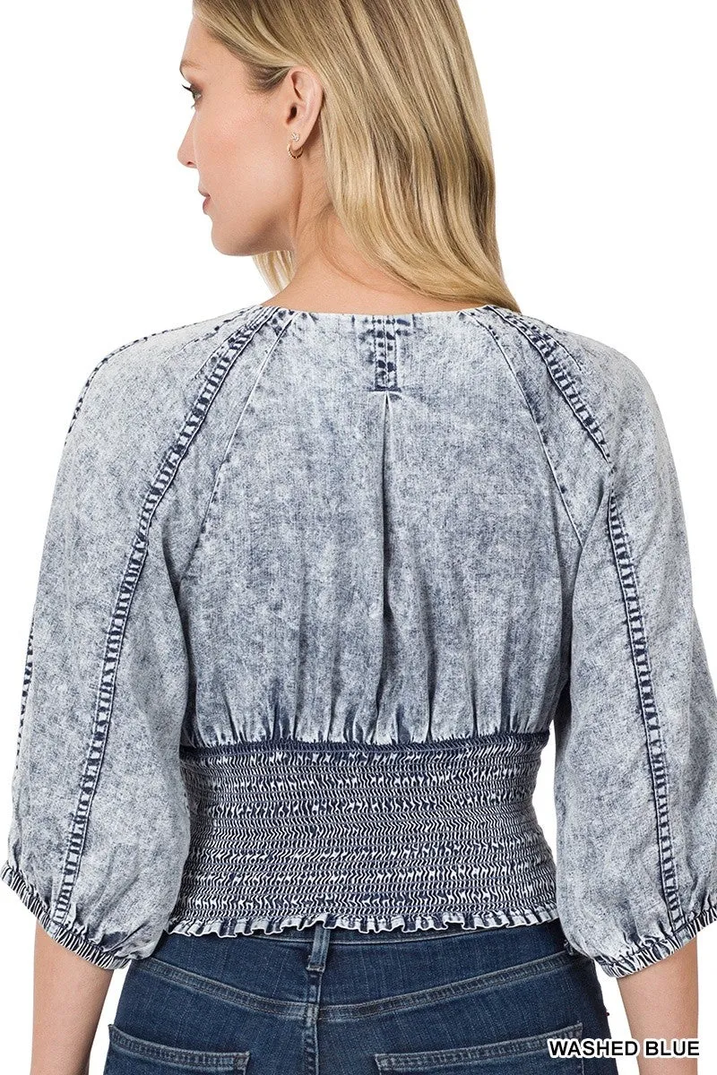 Chambray Bohemian Smocked & Cropped Blue Top