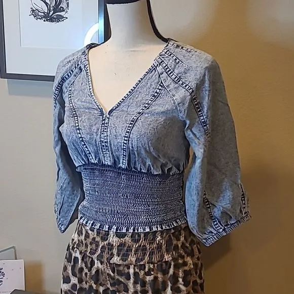 Chambray Bohemian Smocked & Cropped Blue Top