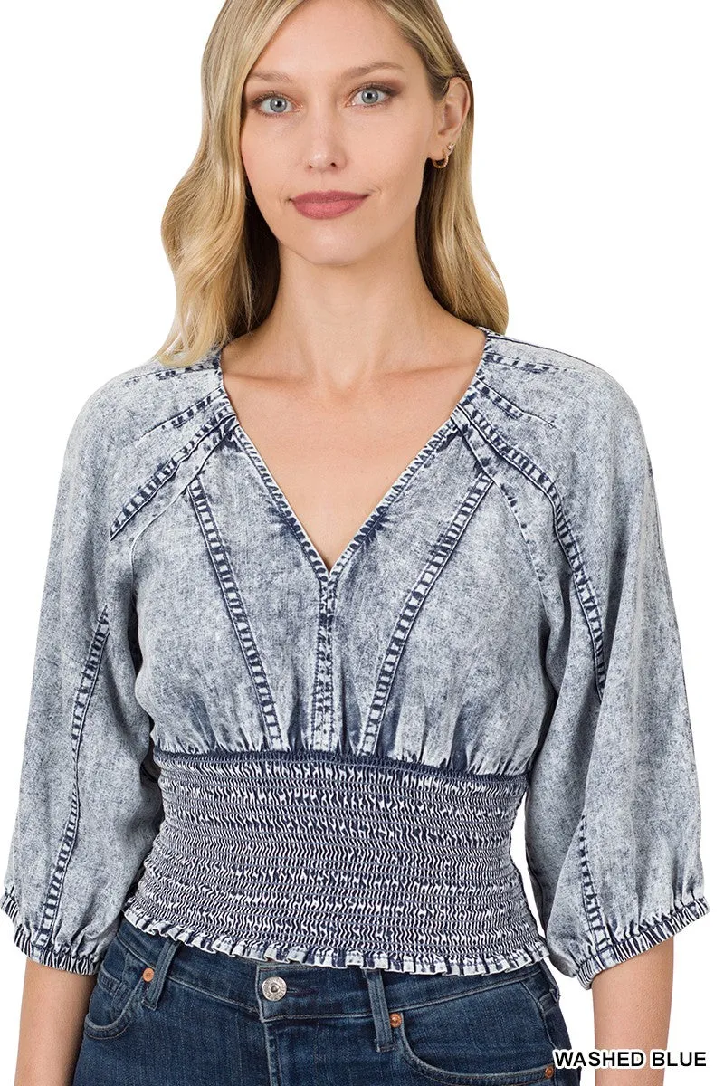 Chambray Bohemian Smocked & Cropped Blue Top