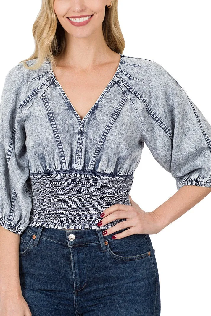 Chambray Bohemian Smocked & Cropped Blue Top