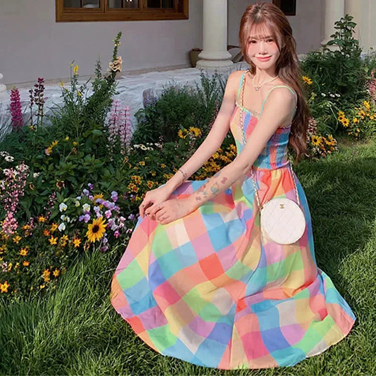 Chic Colorblock Rainbow Plaid Print A-line Slip Dress