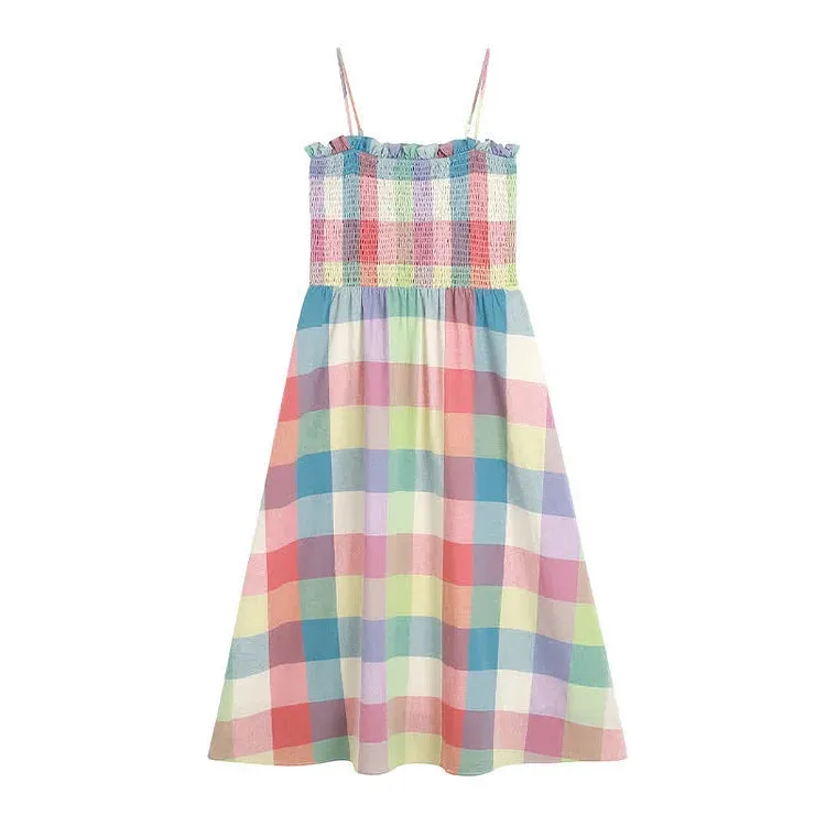 Chic Colorblock Rainbow Plaid Print A-line Slip Dress