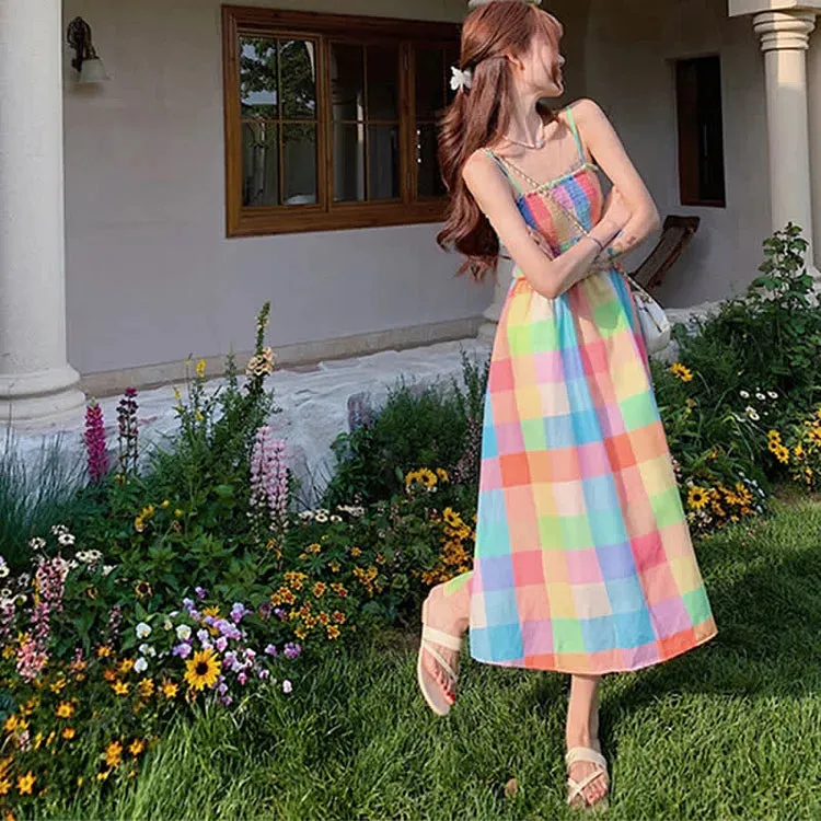 Chic Colorblock Rainbow Plaid Print A-line Slip Dress