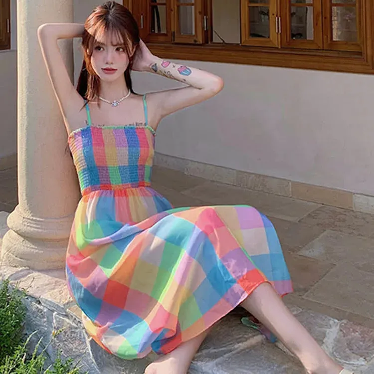 Chic Colorblock Rainbow Plaid Print A-line Slip Dress