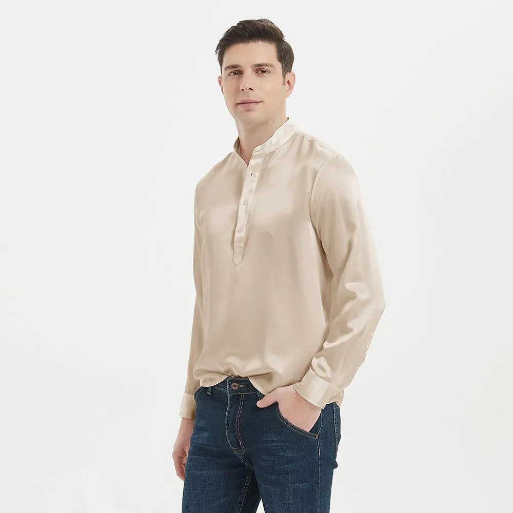 Classic Long Sleeves Mens Silk Shirts 100% Mulberry Silk Stand Collar Silk Top Pullover