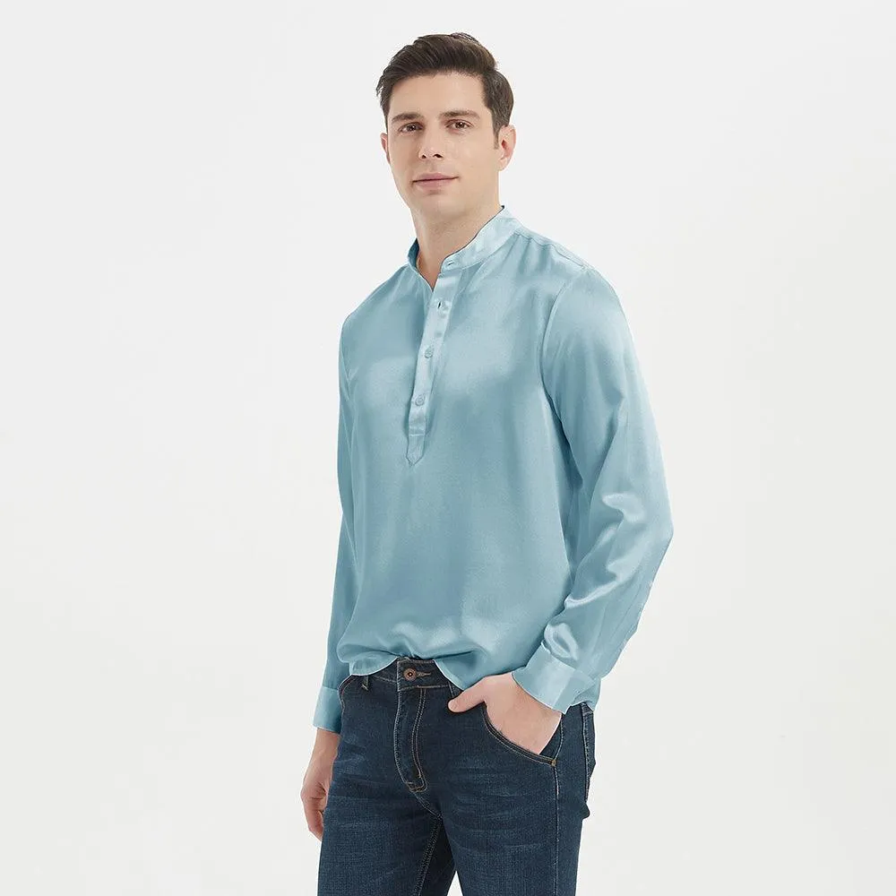 Classic Long Sleeves Mens Silk Shirts 100% Mulberry Silk Stand Collar Silk Top Pullover