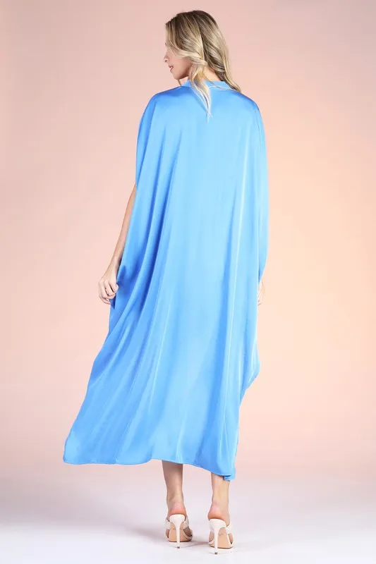 Clean Blue Washed Poly Silk Notched High Low Caftan Dress