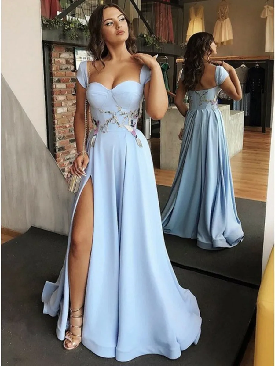 Custom Made Cap Sleeves Light Blue Prom with Side Slit, Light Blue Long Evening, Light Blue Formal