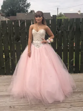 Custom Made Sweetheart Neck Backless Tulle Pink Long Prom with Beadings, Pink Ball Gown, Pink Formal