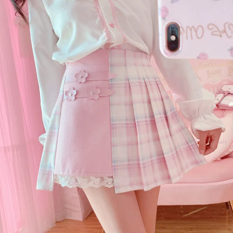 Cute and Comfortable: Pink and White Checked Pleated High-Waist Skirt for Women