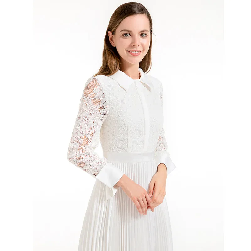 D017 Women floral lace satin combo long sleeves shirt collar pleated midi party dress