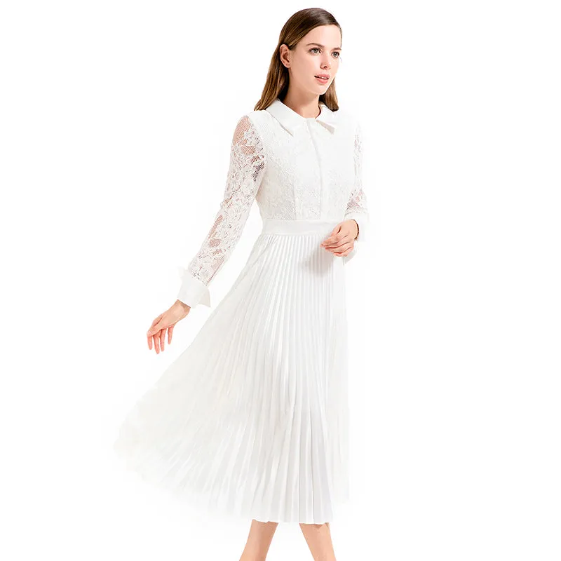 D017 Women floral lace satin combo long sleeves shirt collar pleated midi party dress