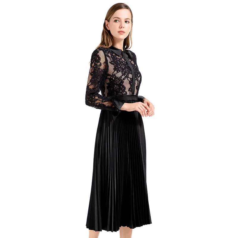 D017 Women floral lace satin combo long sleeves shirt collar pleated midi party dress