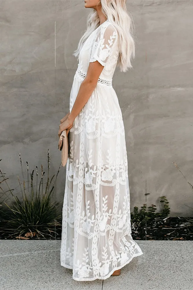 Embroidery Lace long Tunic Beach Dress